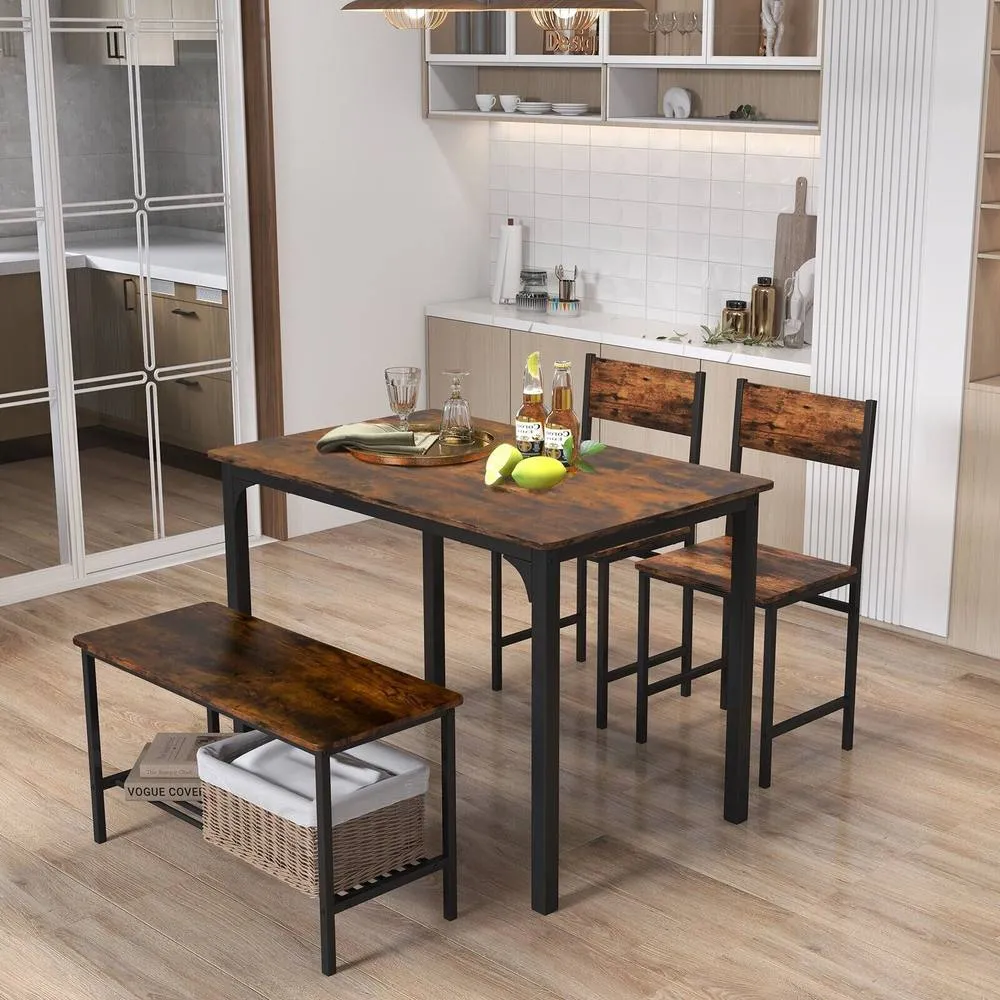 Costway 4-Piece Dining Table & Chair Set Industrial Kitchen Table Set in Brown