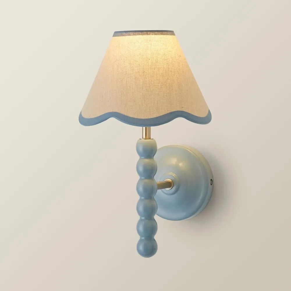 ValueLights Bobbins Powder Blue Bobble Wall Light & Linen Pastel Trim Lamp Shade in Pale Blue 3