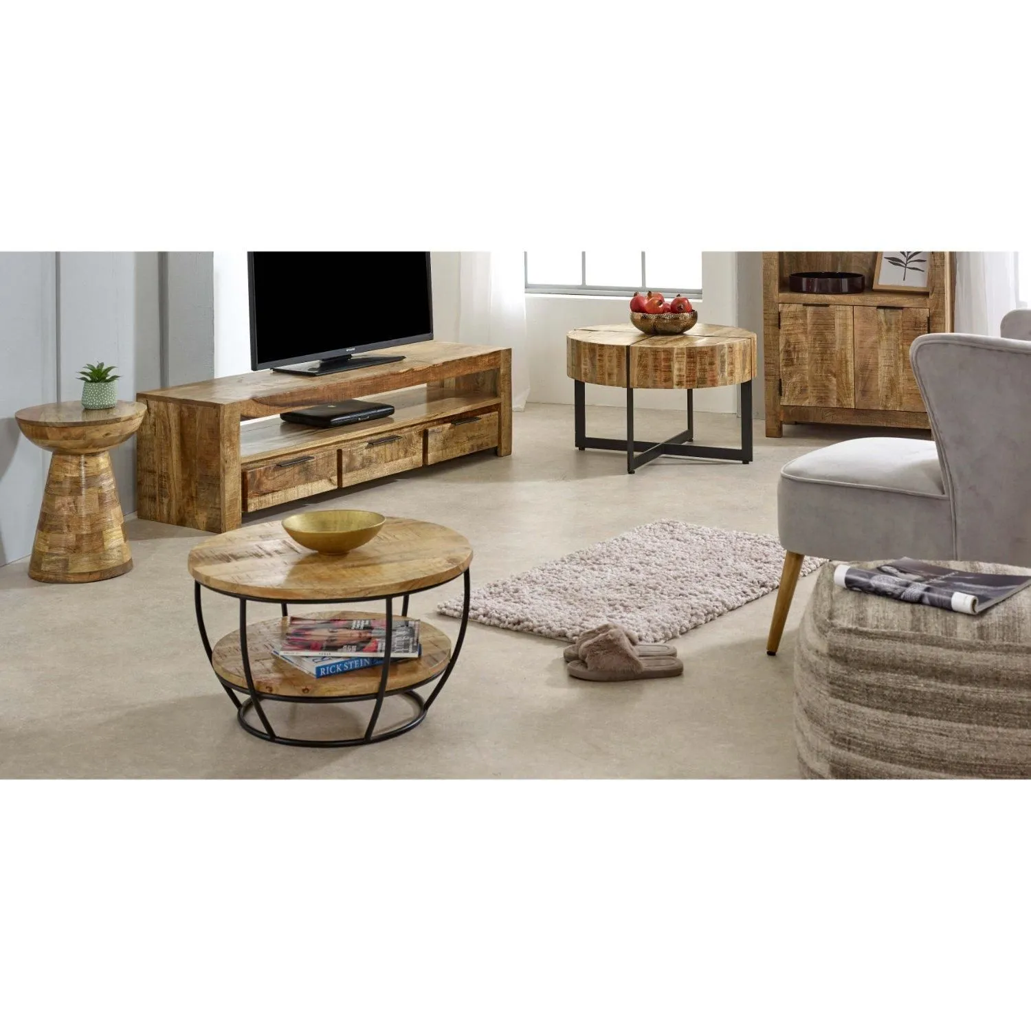 IH Design Bratton Mango Wooden Large TV Stand With 3 Drawers in Brown 4
