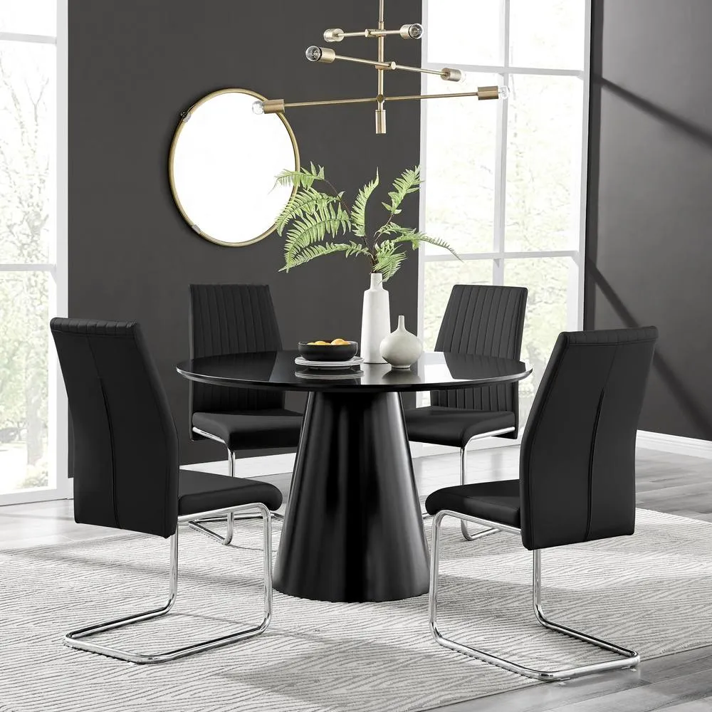 FurnitureboxUK Palma Black Semi Gloss Round Dining Table & 4 Black Lorenzo Chairs