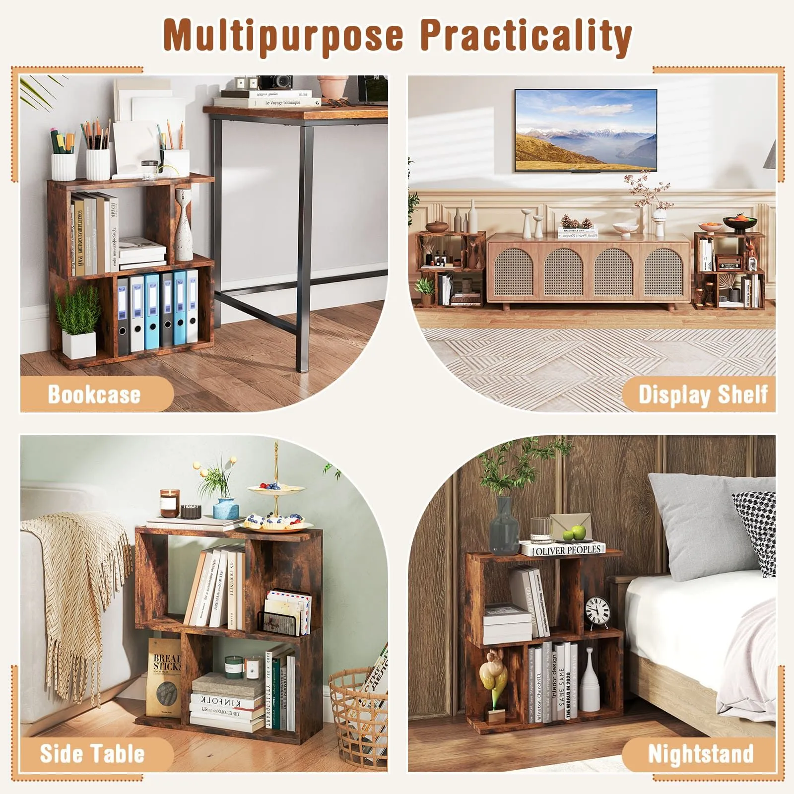 Costway 3-Tier Bookshelf Display Shelf for Small Space Freestanding Side Table Rustic Brown 5