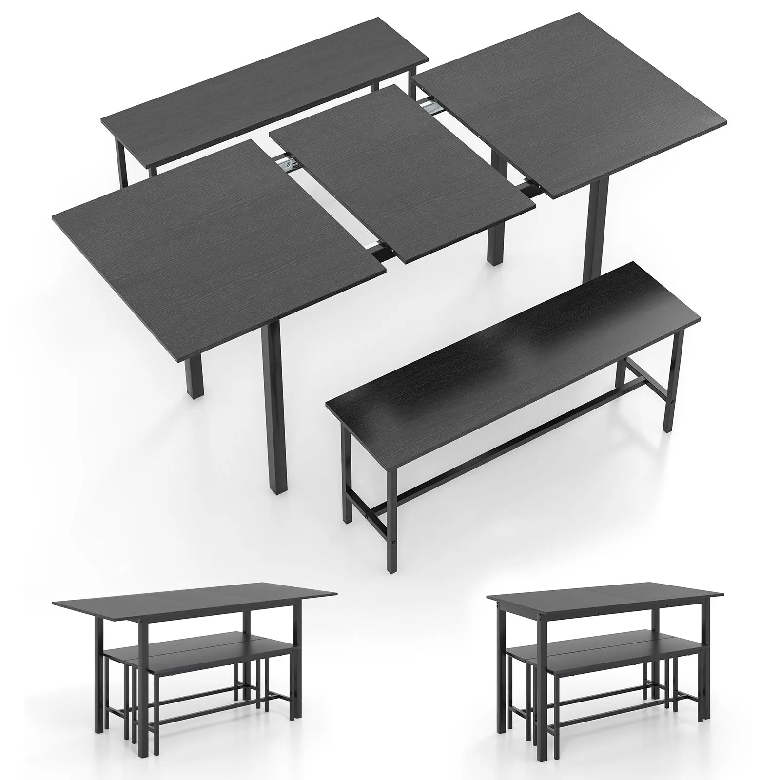 Costway 3 Pcs 160cm Dining Table Set for 4 6 Extendable Kitchen Table Set with 2 Benches in Black 2