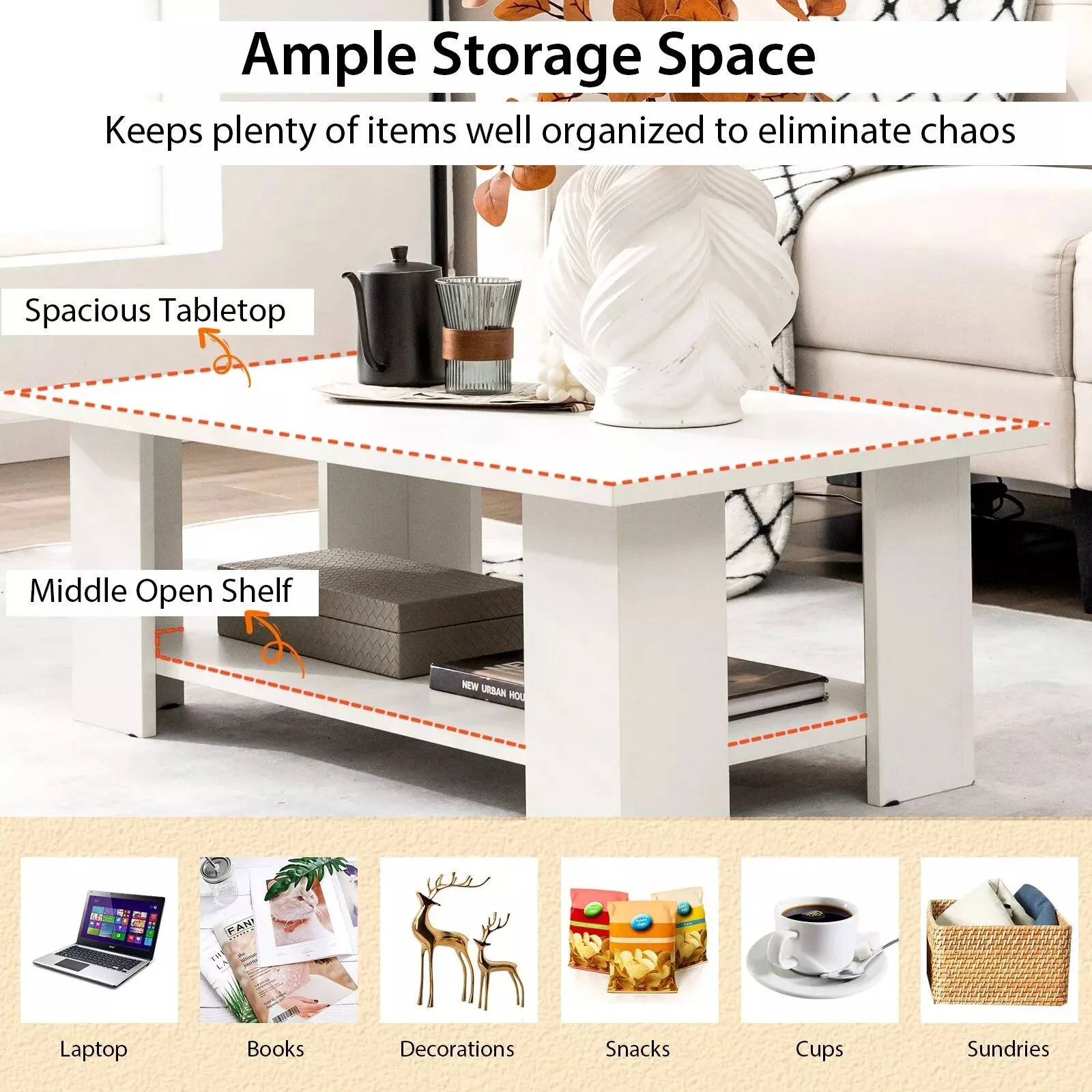 Costway 2-tier Modern Coffee Table Center Cocktail Table Wooden Accent Table in White 5