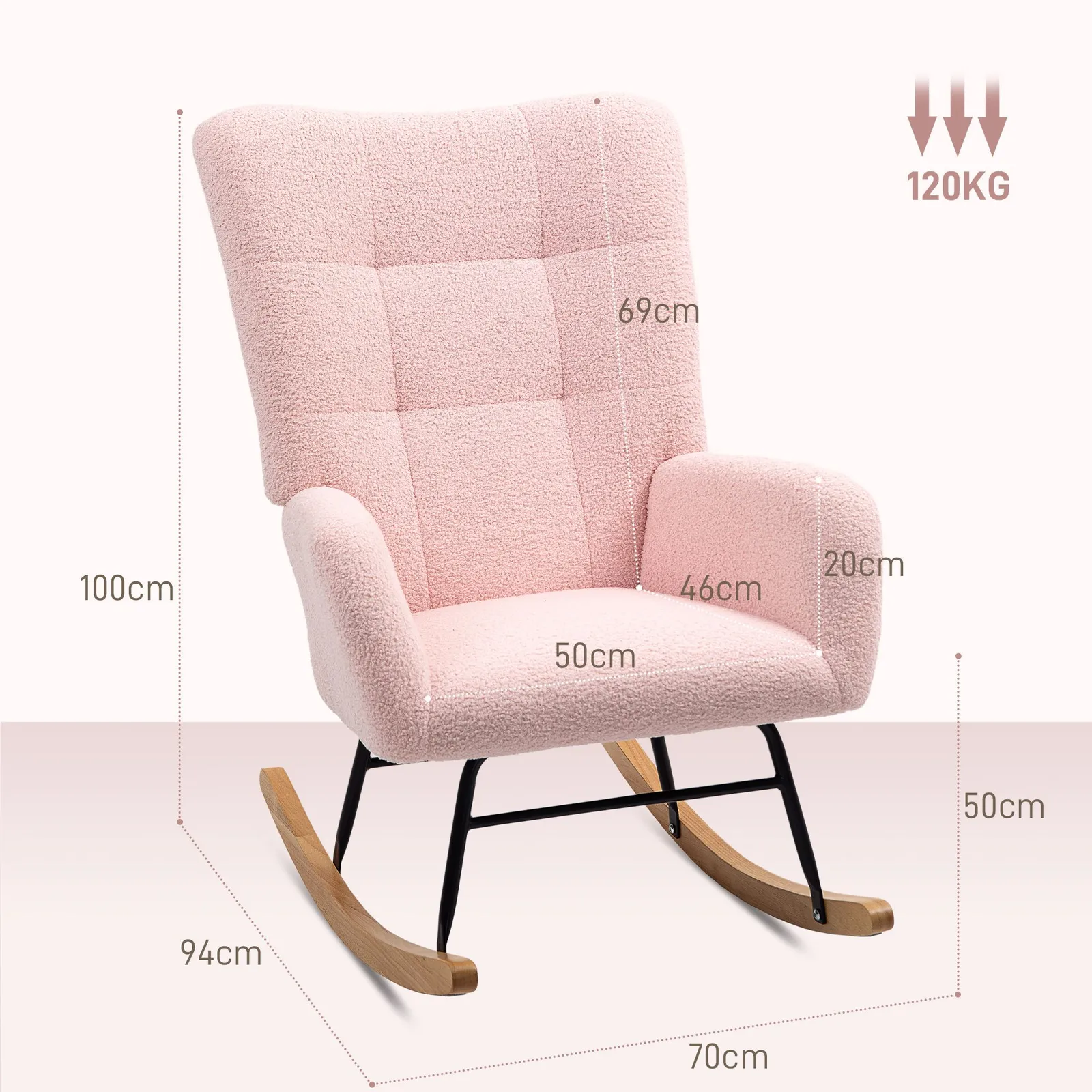 HOMCOM Rocking Chair, Modern Armchair with Backrest for Bedroom in Light Pink 3