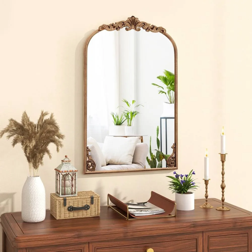 Costway Antiqued Gold Wall Mirror 76 cm x 51 cm Dramatic Arched Mirror-Gold 4