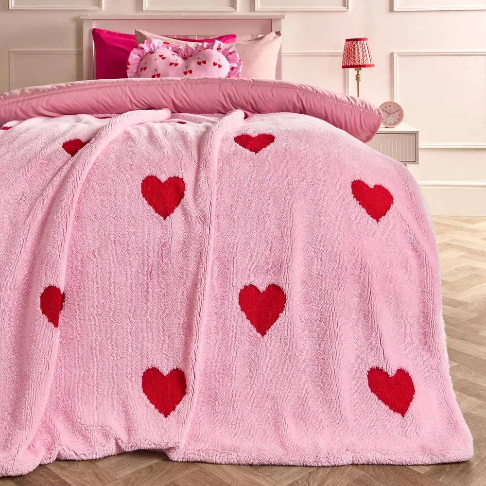 OHS Hearts Tufted Teddy Fleece Throw Blanket Soft Bedspread in Pink