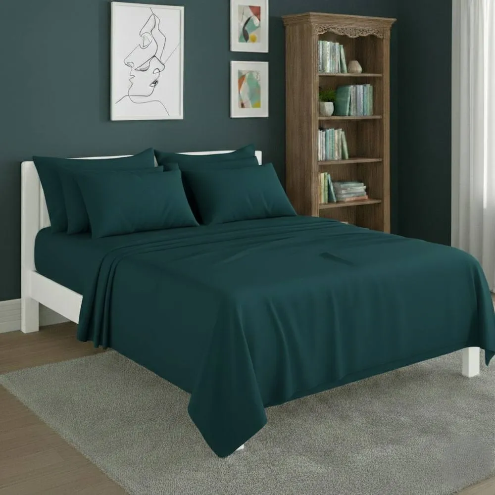 Snug City Plain Poly Cotton Easy Care Fitted Flat Sheet Matching Pillowcases Set in Teal