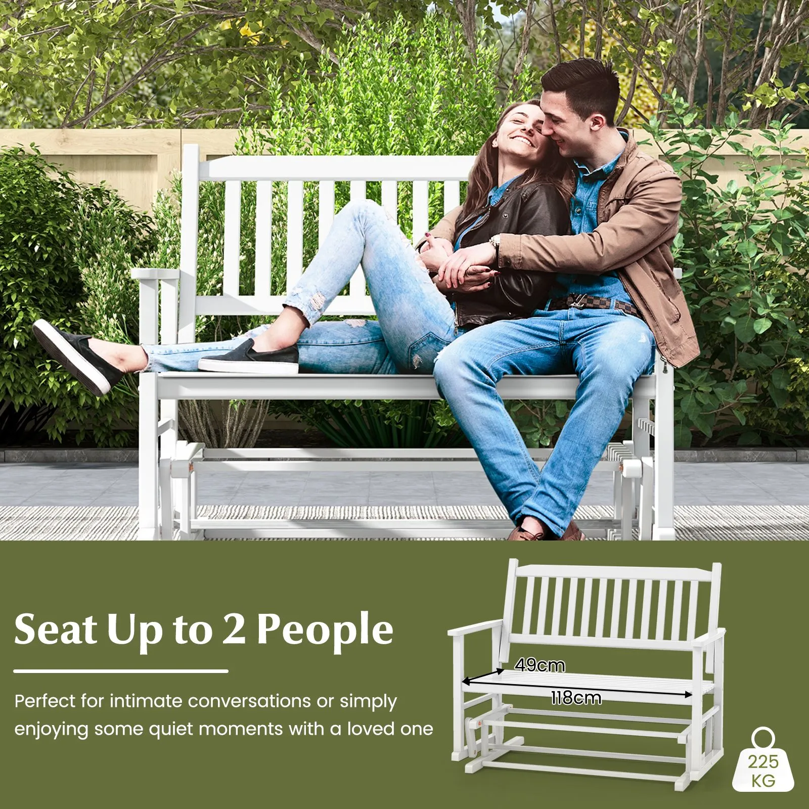 Costway 2 Seats Outdoor Glider Bench Poplar Wood Patio Swing Glider Loveseat Chair with Armrests in White 3