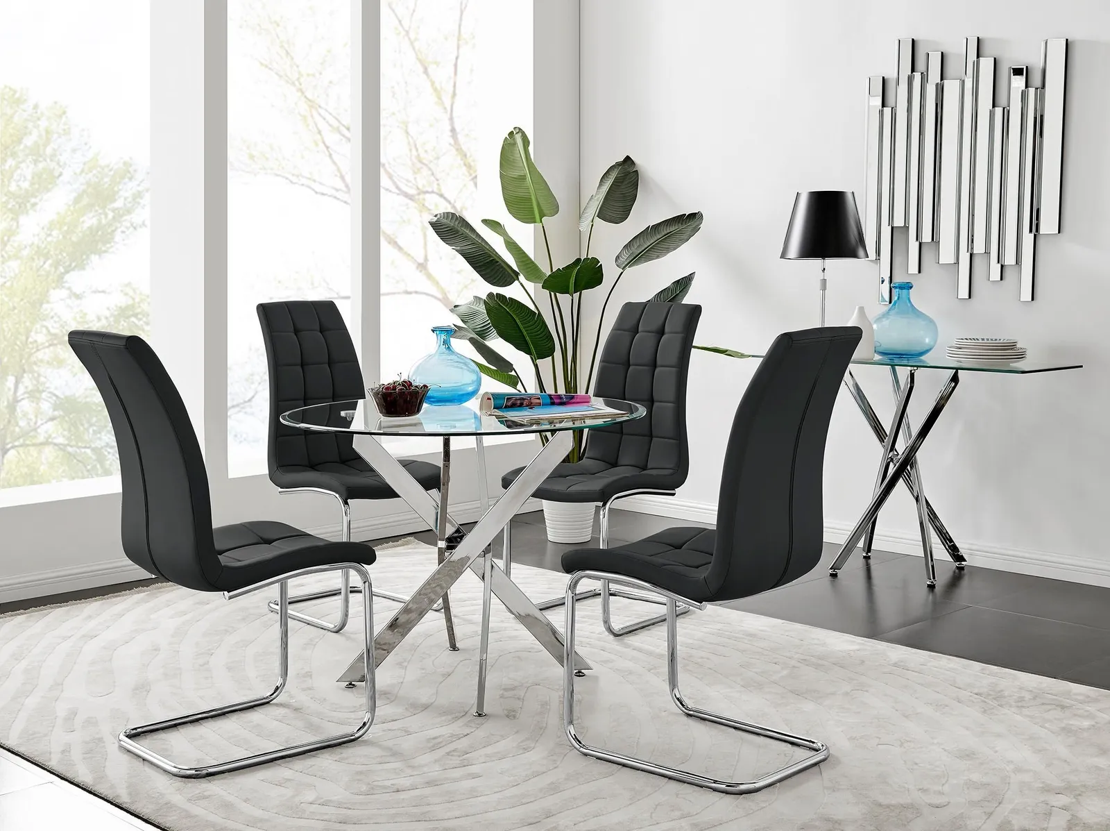FurnitureboxUK Novara Chrome Metal 100cm Round Glass Dining Table & 4 Murano Dining Chairs in Black
