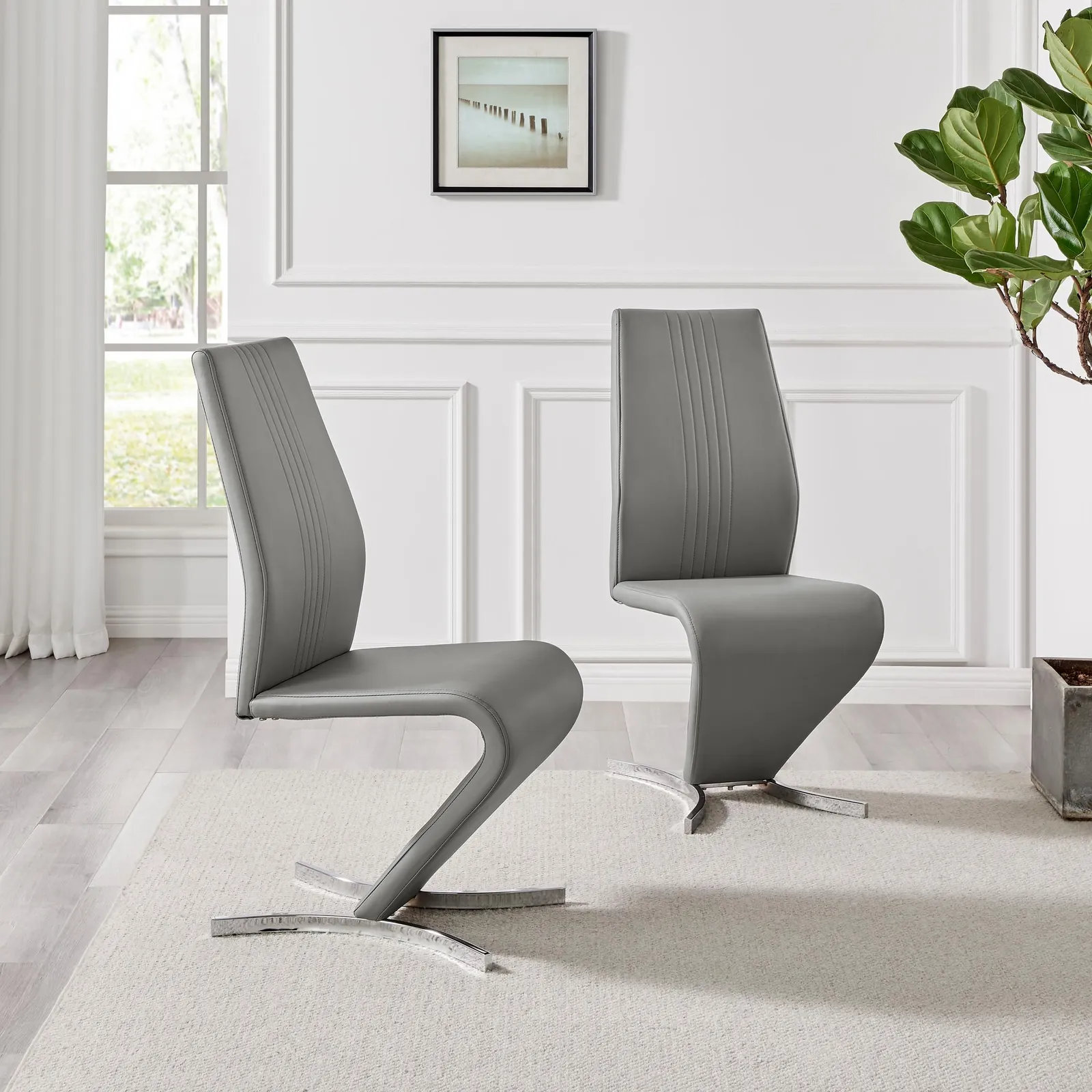 FurnitureboxUK Set of 2 Willow Contemporary Z Shaped Faux Leather Dining Chairs With Silver Chrome Metal Legs in Grey 2
