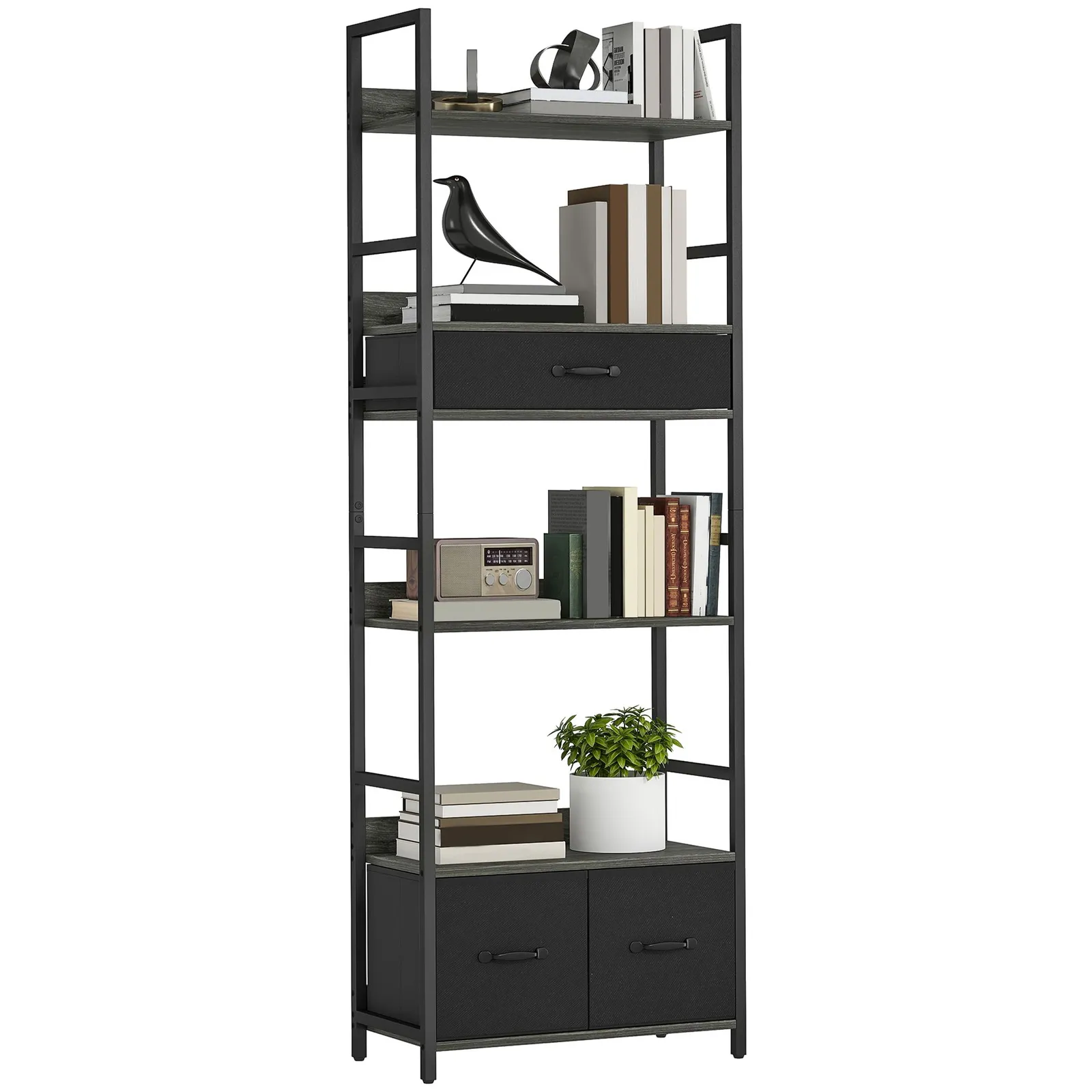 HOMCOM Industrial Bookshelf with 4 Shelves & 3 Fabric Drawers Grey 2
