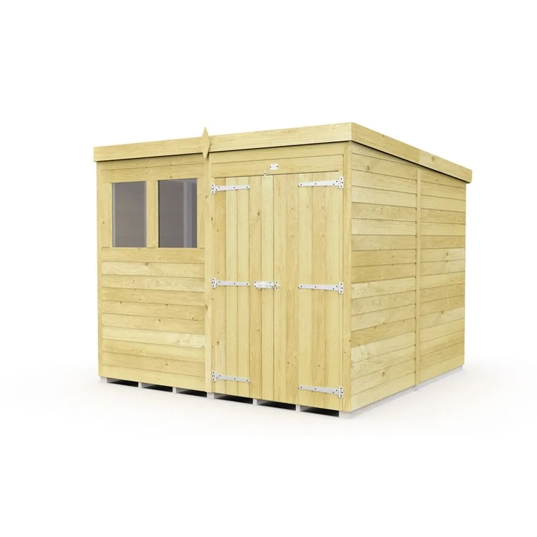 Buttercup Farm 8 x 8 Feet Pent Shed - Double Door W/ Windows - L231 x W243 x H201 cm in Brown