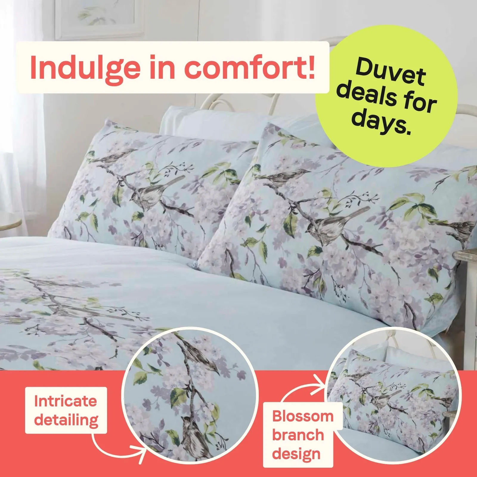 Rapport Home Eloise Floral Polycotton Duvet Cover Set with Pillowcase in Duck Egg Blue 2