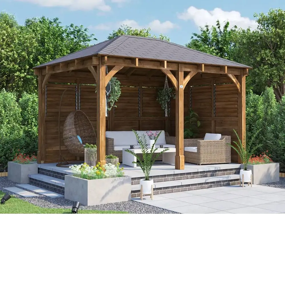 Dunster House Wooden Gazebo Kit Louvre Wall 4x3m Heavy Duty Garden Shelter Leviathan in Brown 2