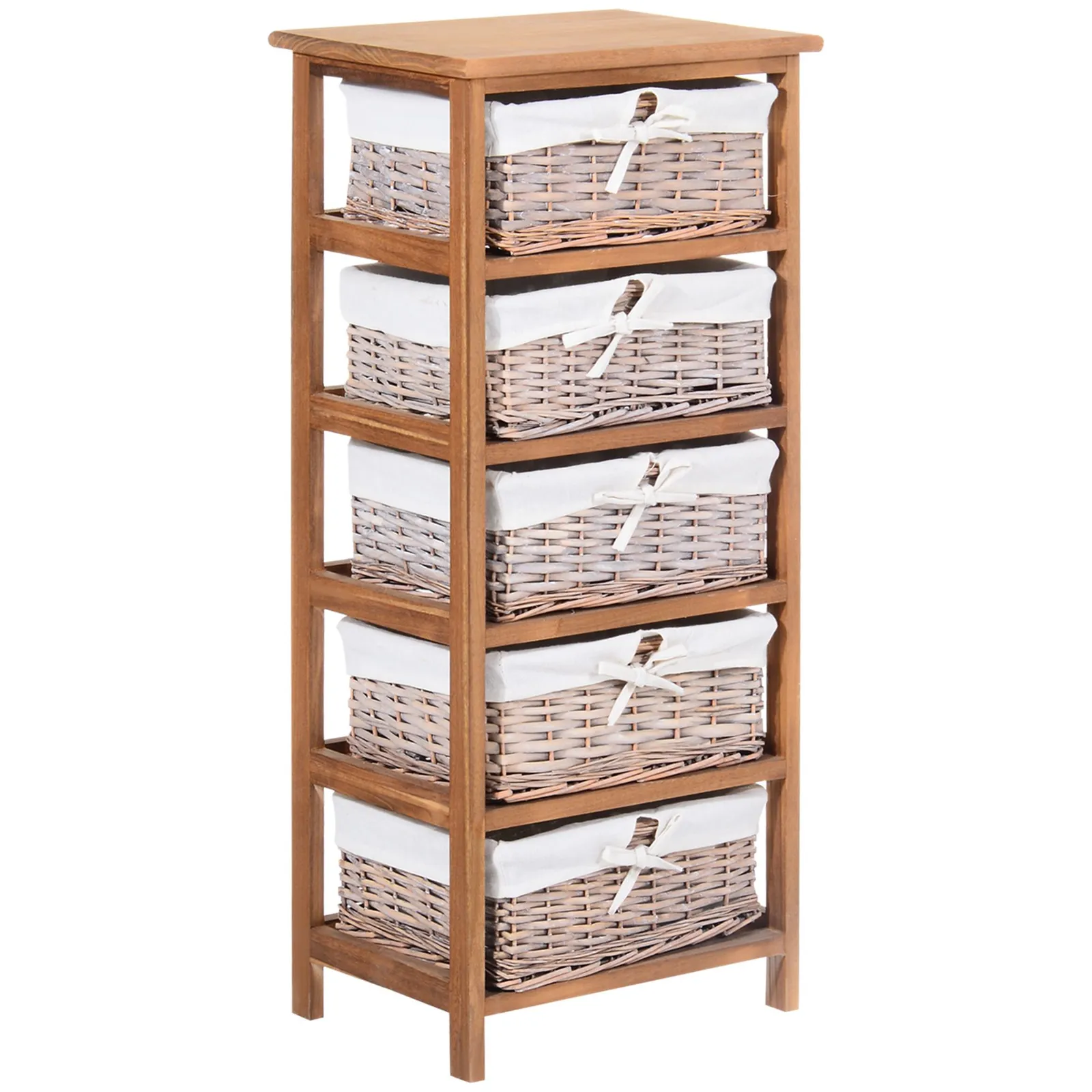 HOMCOM 5 Drawer Dresser Wicker Storage Shelf Unit Wooden Home Organization in Natural 2