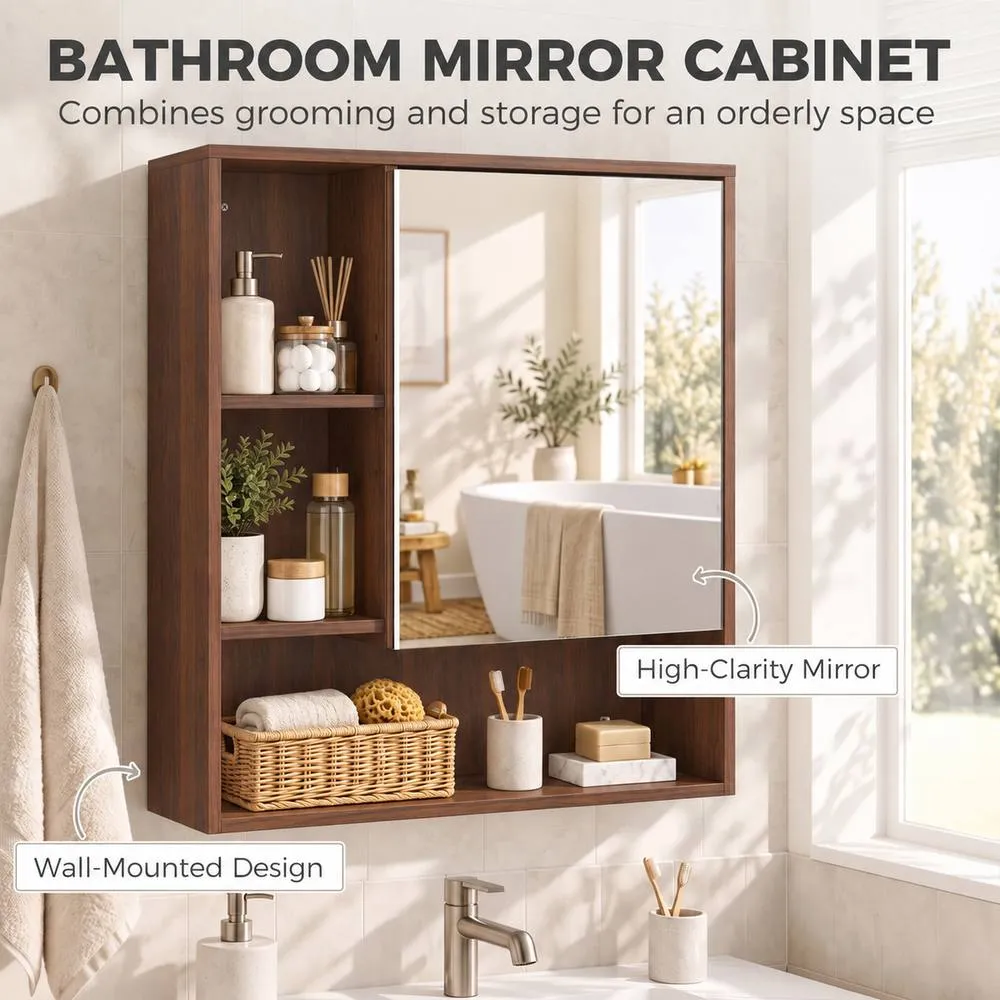 HOMCOM Bathroom Mirror Cabinet, Wall-Mounted, Adjustable Shelves in Walnut 4