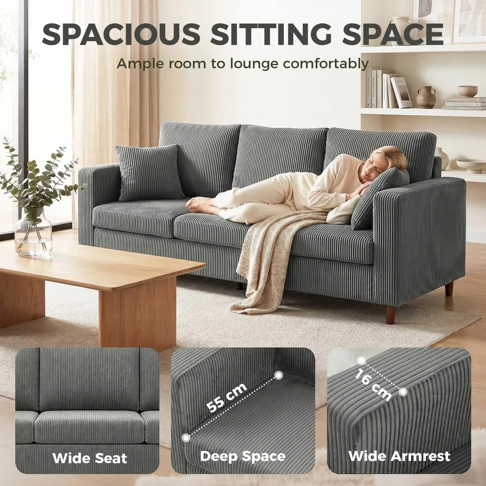 HOMCOM 3 Seater Sofa with Wide Seat, Corduroy Upholstered, Light Grey 4