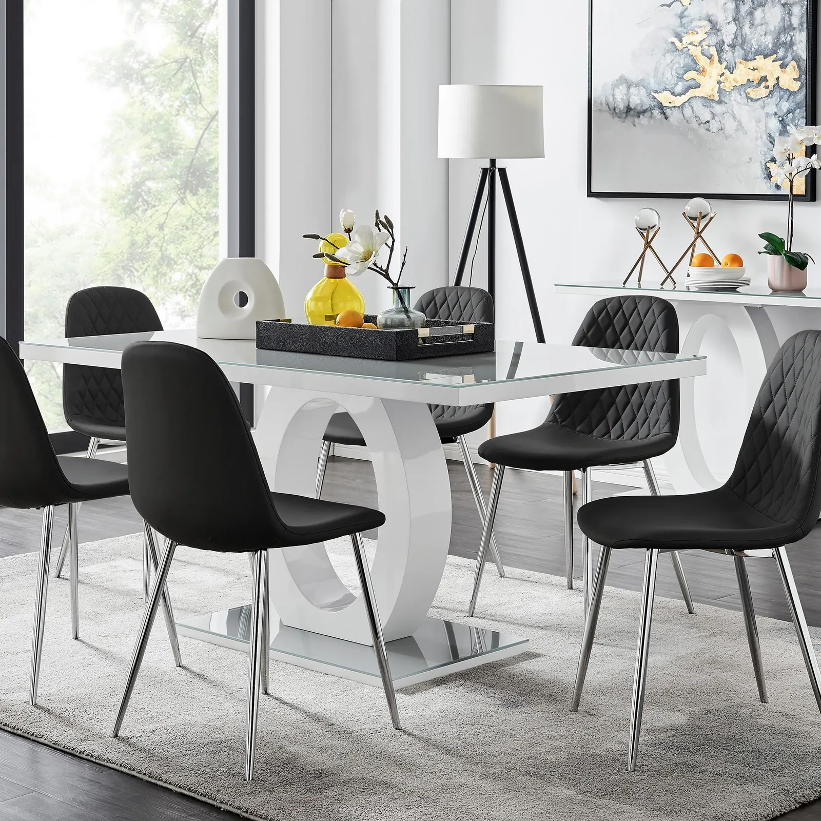FurnitureboxUK Giovani 6-Seater Grey Glass Dining Table & 6 Corona Faux Leather Dining Chairs in Black 1