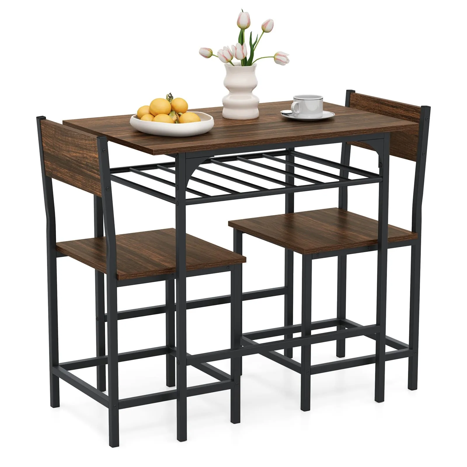 Costway Dining Table Set for 2 3-Piece Wood Rectangular Table & Chair Set w/ Metal Frame in Brown