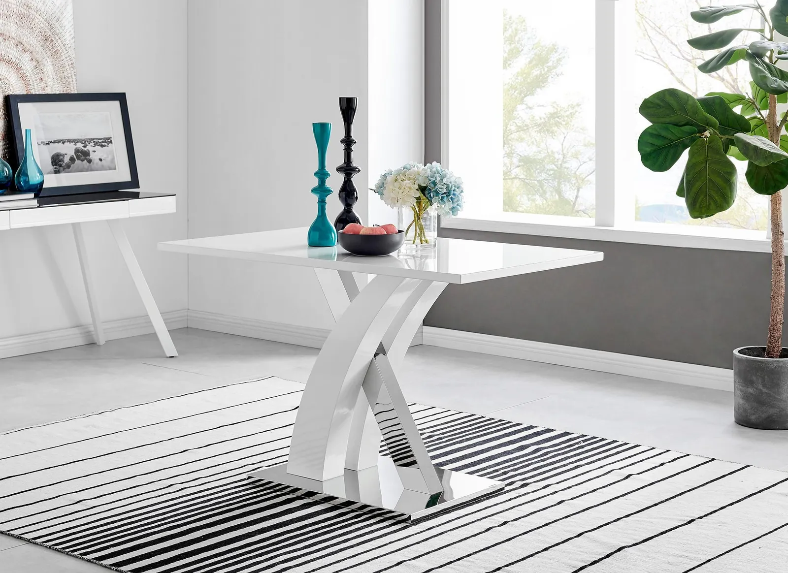 FurnitureboxUK Atlanta White High Gloss & Chrome 4 Seater Dining Table with X Shaped Legs & 4 Faux Leather Milan Chairs in Black 3