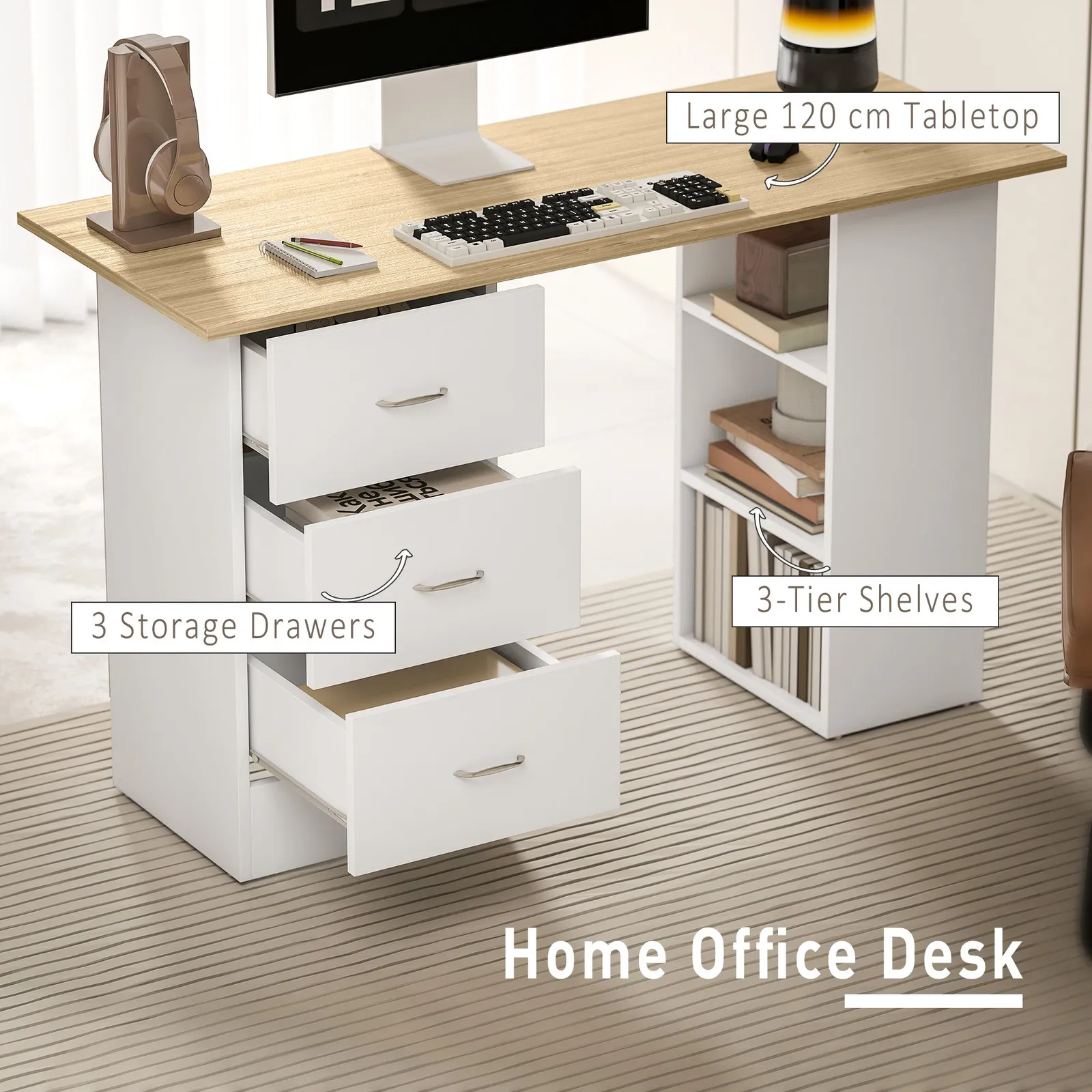 HOMCOM 120cm Computer Desk, Study Table with 3 Shelf & Drawers in Natural 4