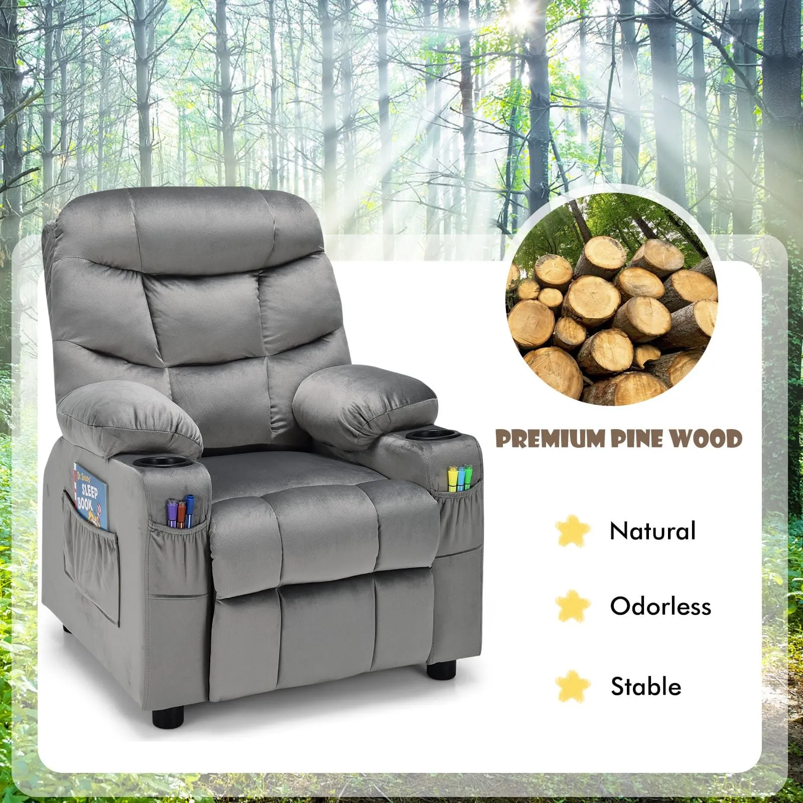 Costway Recliner Chair Velvet Fabric Adjustable Sofa Chair Gaming Lounge Chair in Grey 4