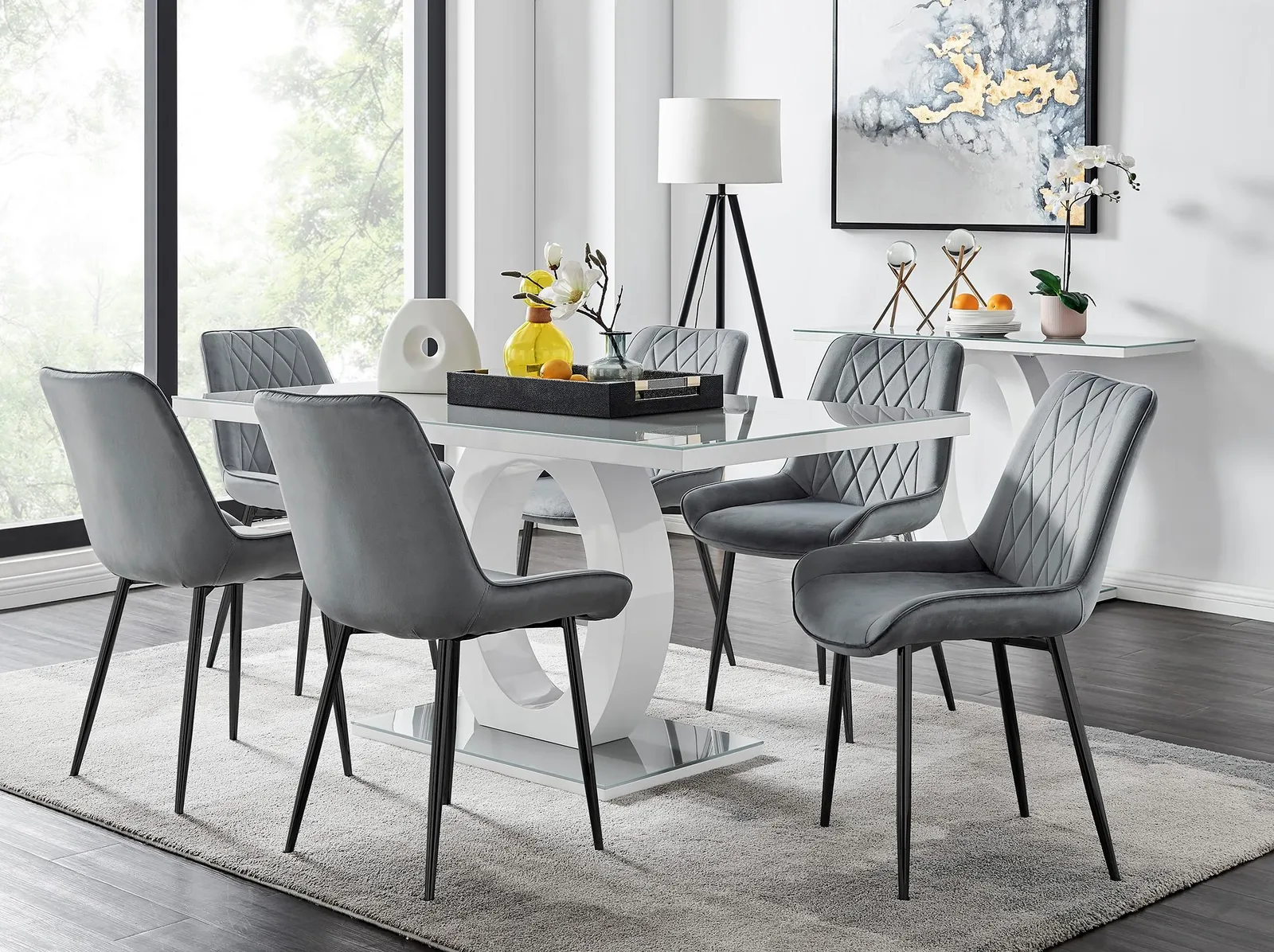 FurnitureboxUK Giovani 6-Seater Grey Glass Dining Table & 6 Pesaro Soft Velvet Dining Chairs 1