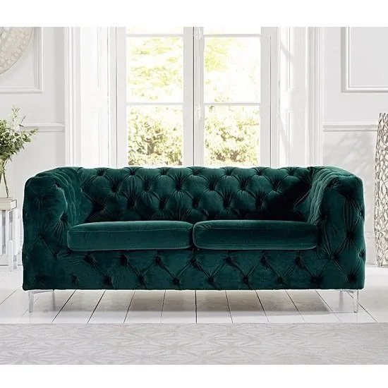 Sabine Velvet Two Seater Sofa In Teal Green With Metal Legs