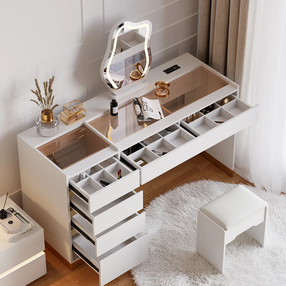 Modern Dressing Table with Chair with Lighted Vanity Mirror & Charging Station & Jewellery Storage Dressing Table