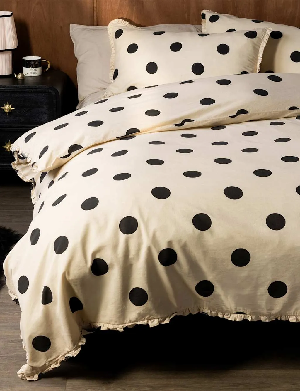 Rockett St George Pure Cotton Dot Noir Ruffled Bedding Set White Mix