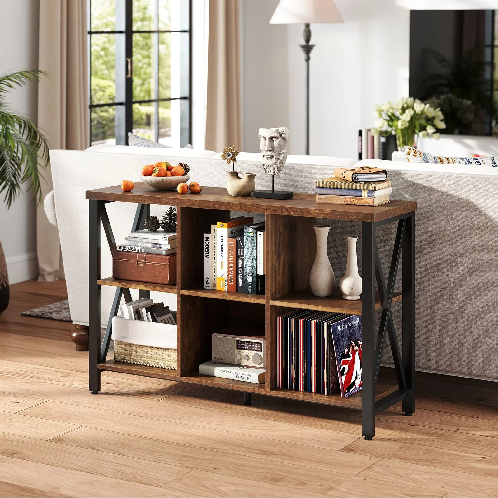 Costway 6-Cube Storage Organizer 120CM Wide Bookshelf w/Open Compartments in Brown 6
