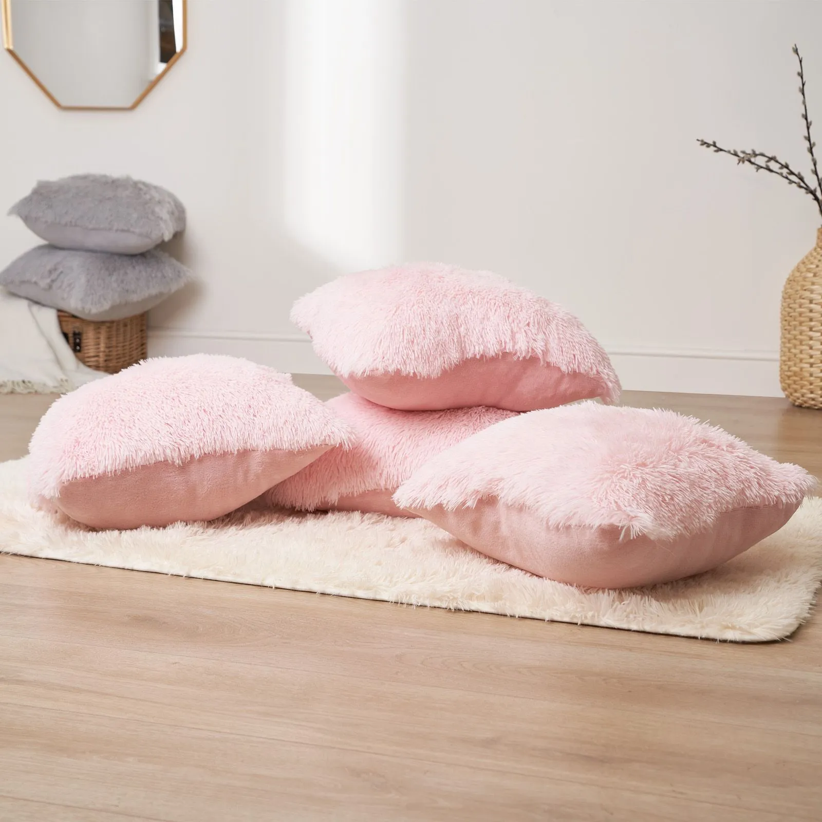 OHS Set of 2 Fluffy Shaggy Filled Cushion with Cover Square in Light Pink