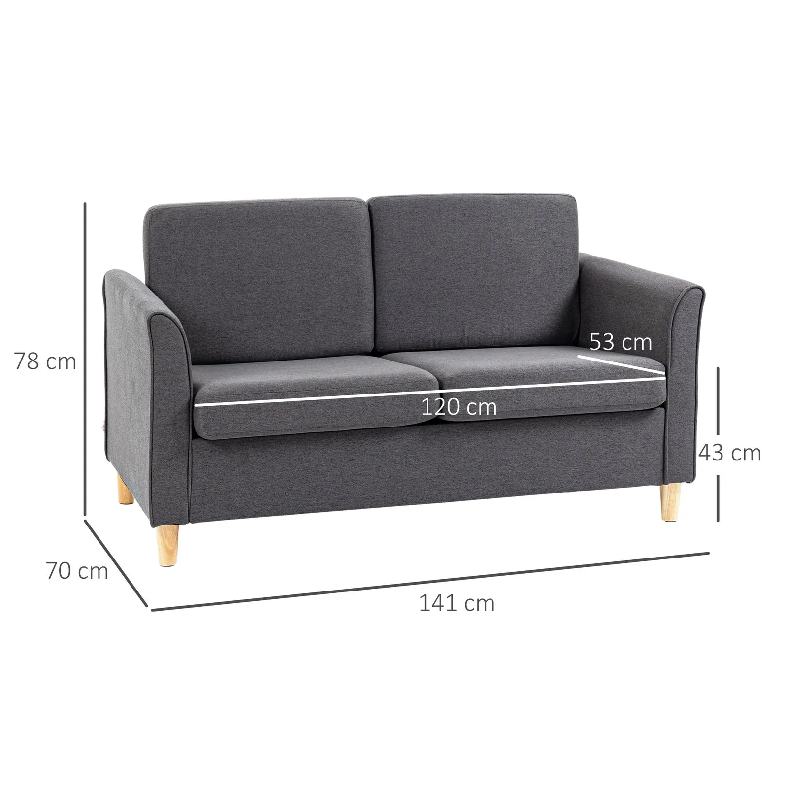 HOMCOM Double Seat Sofa Linen Upholstery Loveseat Couch w/ Armrests in Dark Grey 3