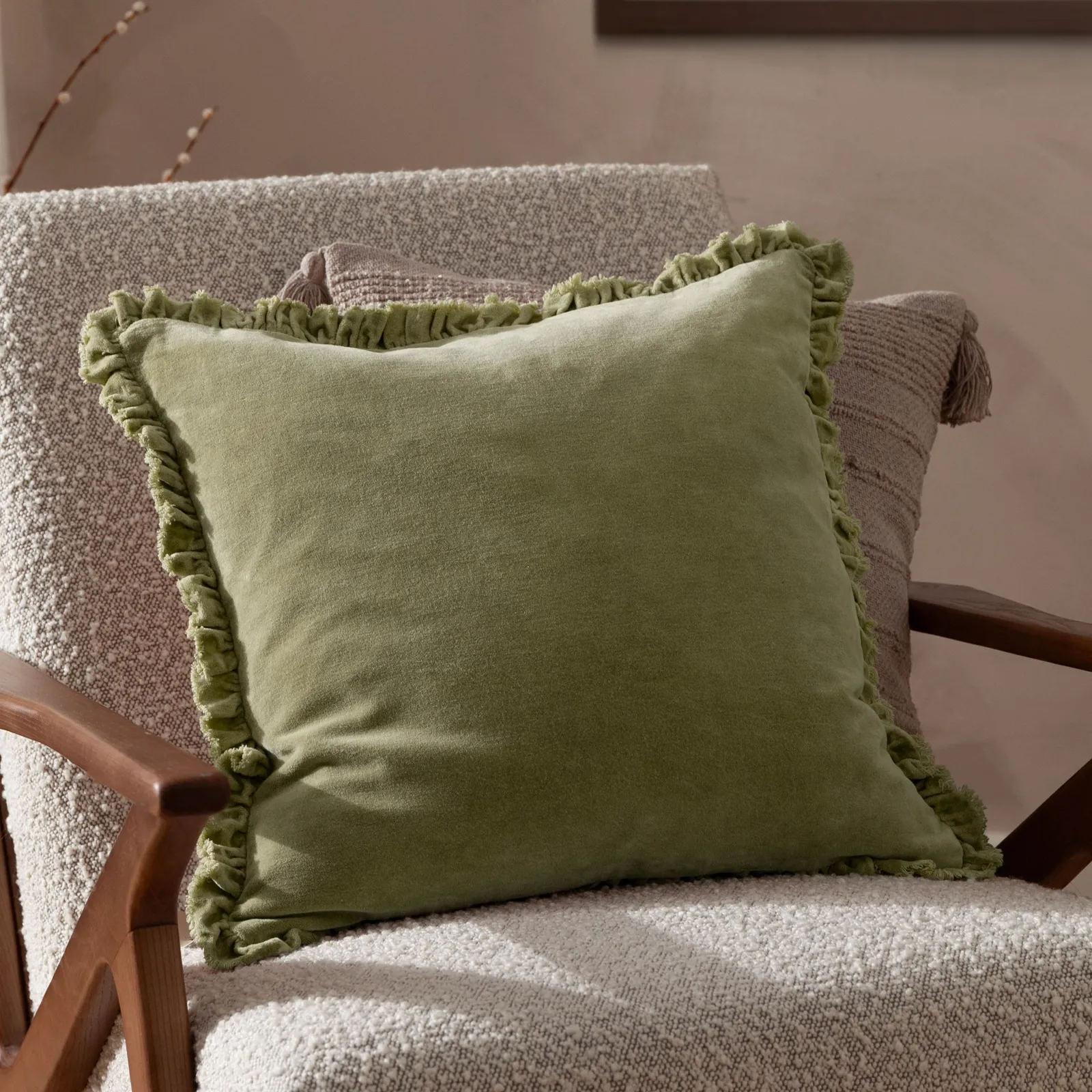 Yard Bertie 100% Cotton Velvet Cushion in Light Green 1