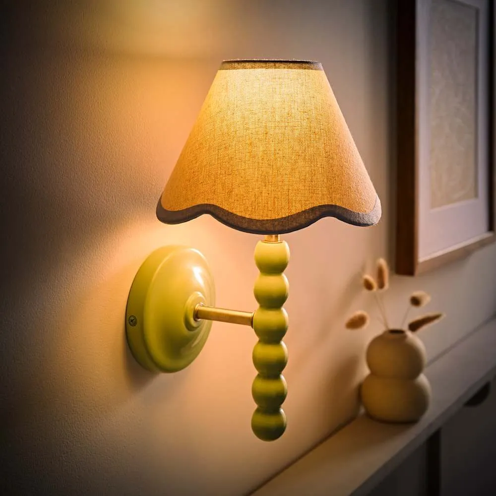 ValueLights Bobbins Pair of Green Wall Lights & Linen Pastel Trim Lamp Shades in Pale Blue 4