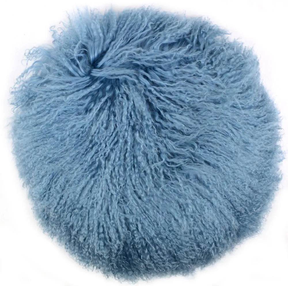 SNUGRUGS Round Mongolian Long Curly Wool Sheepskin Cushion with Inner - 40cm in Light Blue