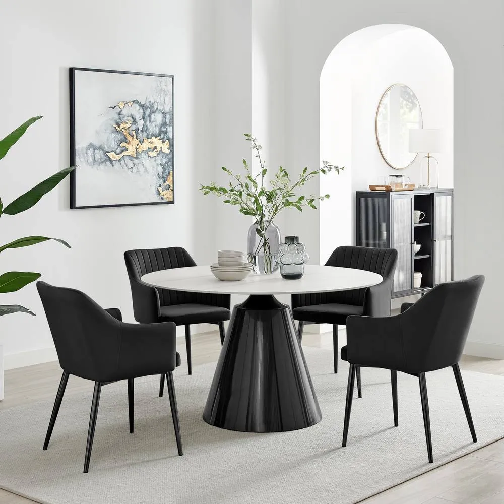 FurnitureboxUK Nina Marble-Effect Dining Set with Black Velvet Chairs