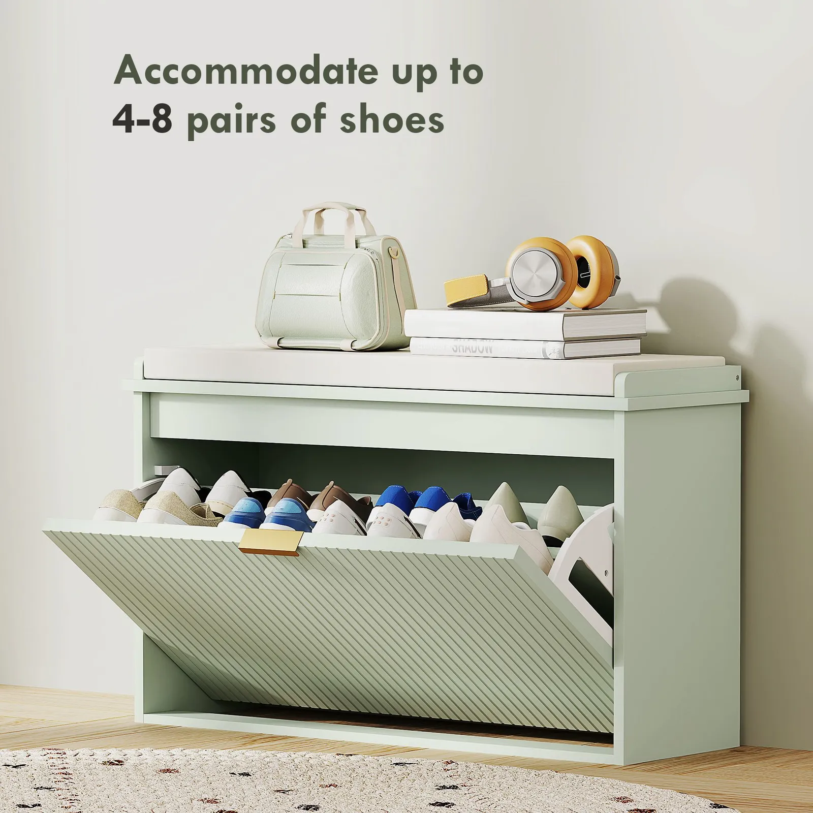 HOMCOM Shoe Storage Bench with Cushion & Flip-Drawer in Green 5