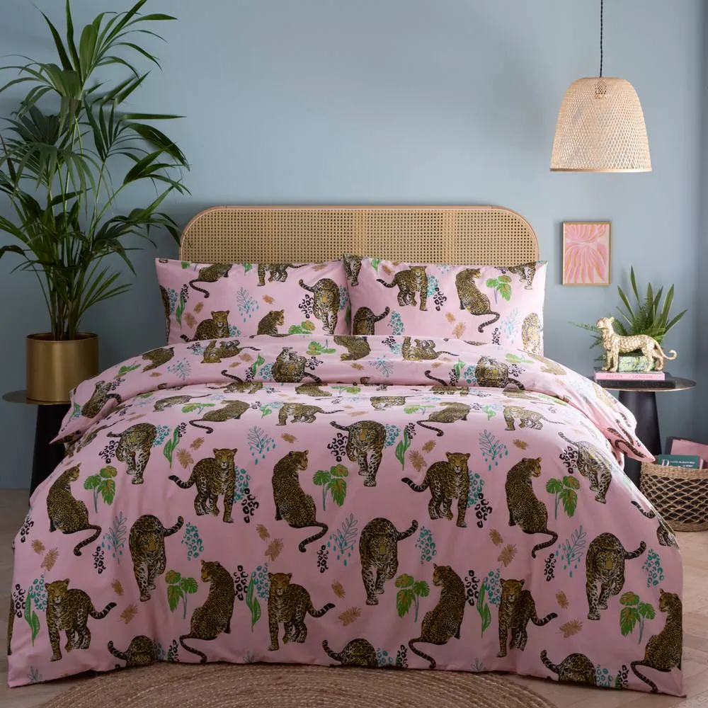 Portfolio Home Night Jaguar Animal Print Duvet Cover Set With Pillow Cases in Pink