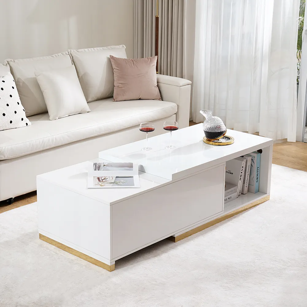Mordel Extendable Up to 180 cm Rectangle Glossy White Coffee Table with 2 Drawers