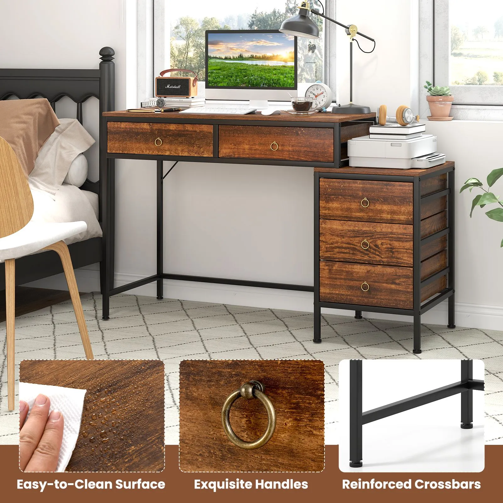 Costway Computer Desk Home Office Desk w/ Side File Cabinet & 5 Drawers in Brown 6