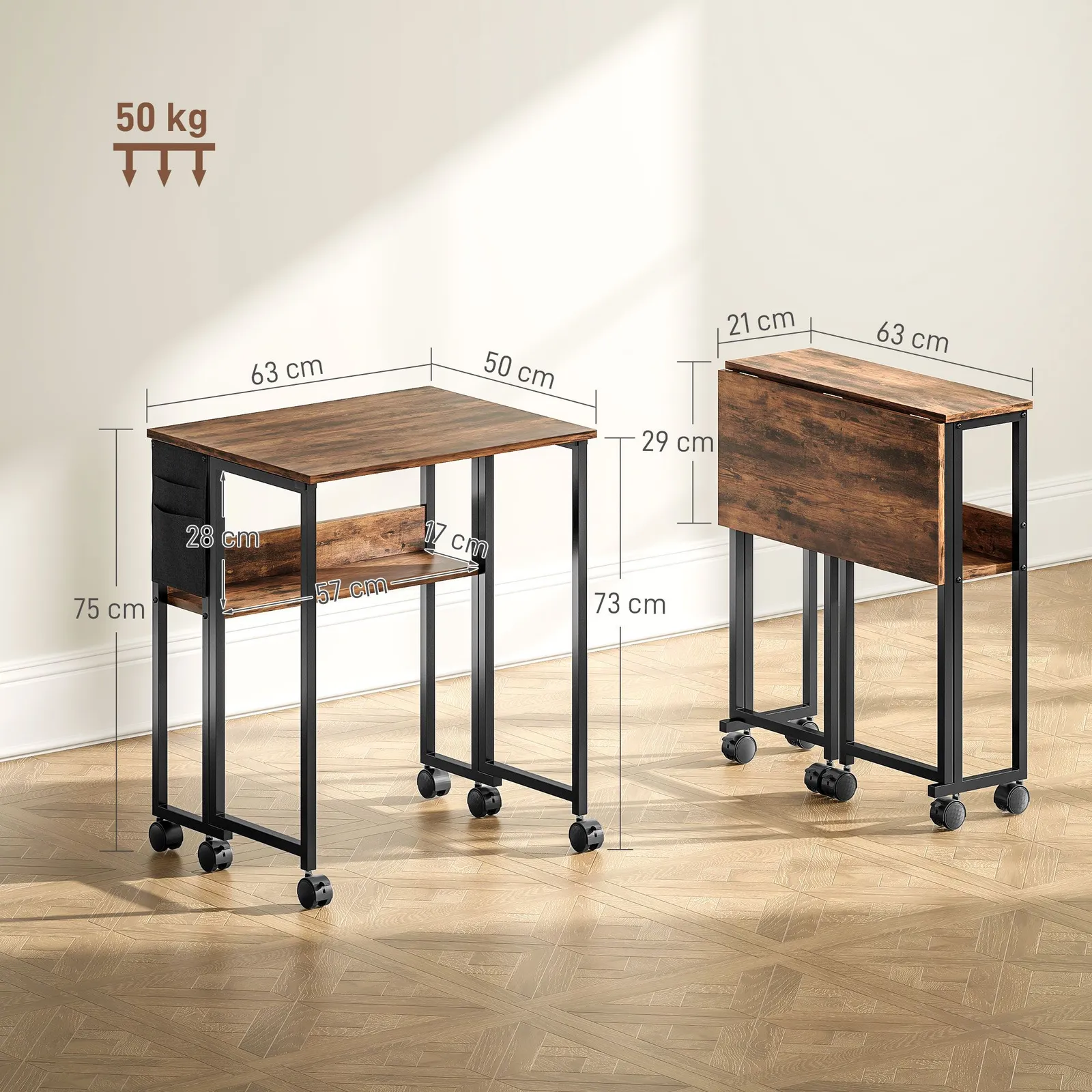 HOMCOM 63 cm Foldable Computer Desk on Wheels for Small Spaces Rustic Brown 3