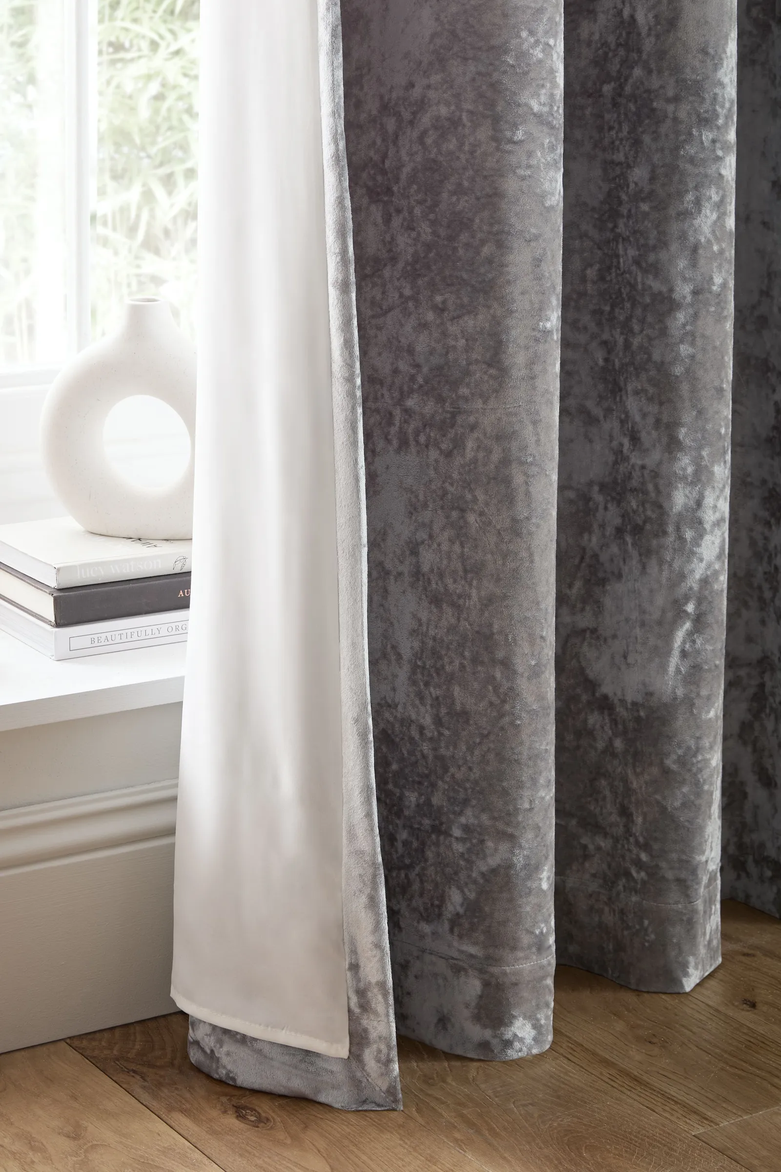 Catherine Lansfield 'Crushed Velvet' Lined Eyelet Curtains in Silver 4