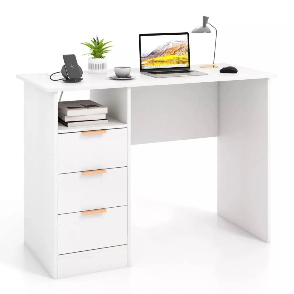 Costway Home Office Desk w/ Power Outlet Modern Computer Desk 3 Drawers Writing Table in White