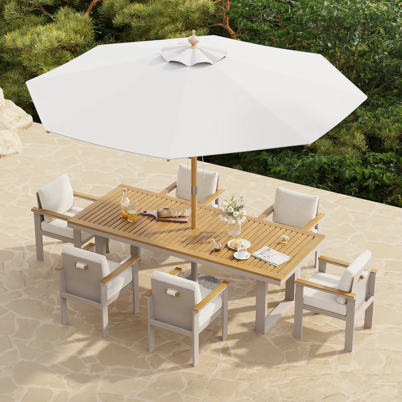 Tevara 8 Pieces Rectangle Wood & Aluminium Outdoor Patio Dining Set with Central Pillar Umbrella
