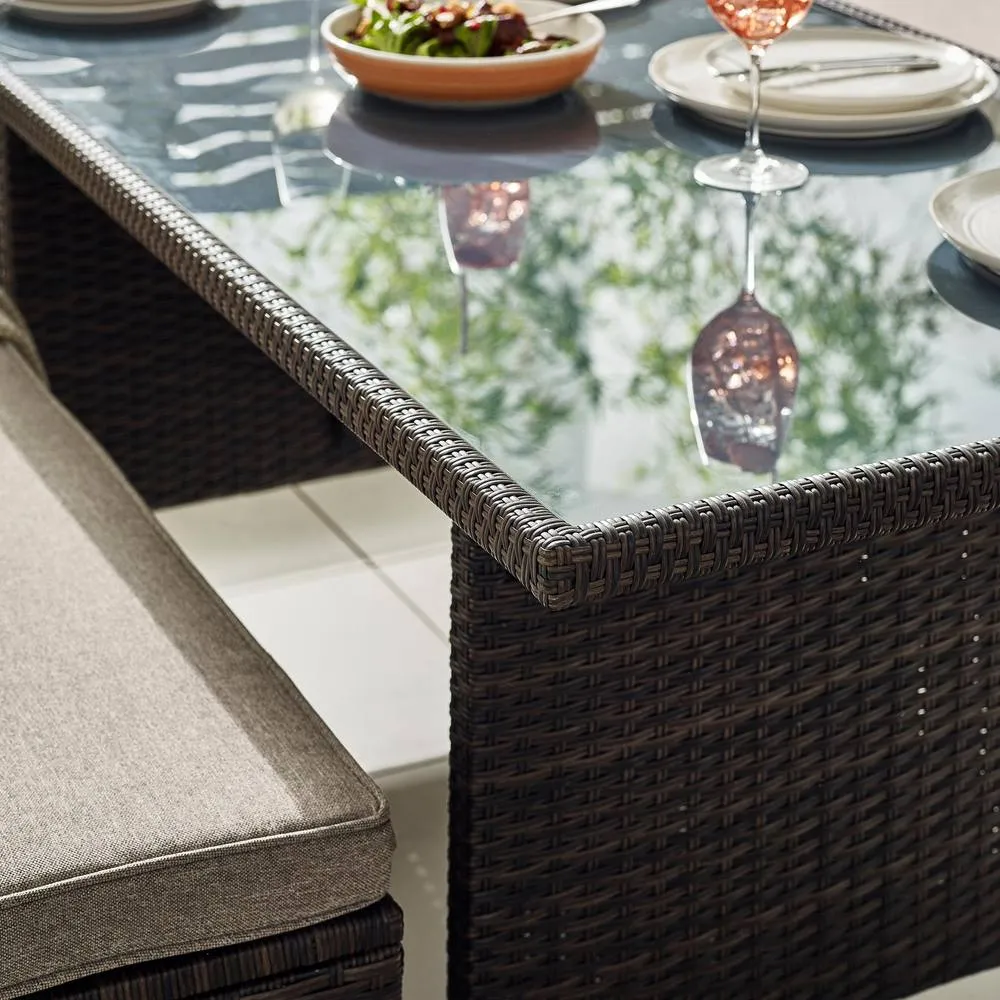 FurnitureboxUK Marbella Textured Grey Rattan Garden Dining Set Grey Cushions 9 Seat Outdoor Sofa, Glass Table Top 145x80cm in Brown 3