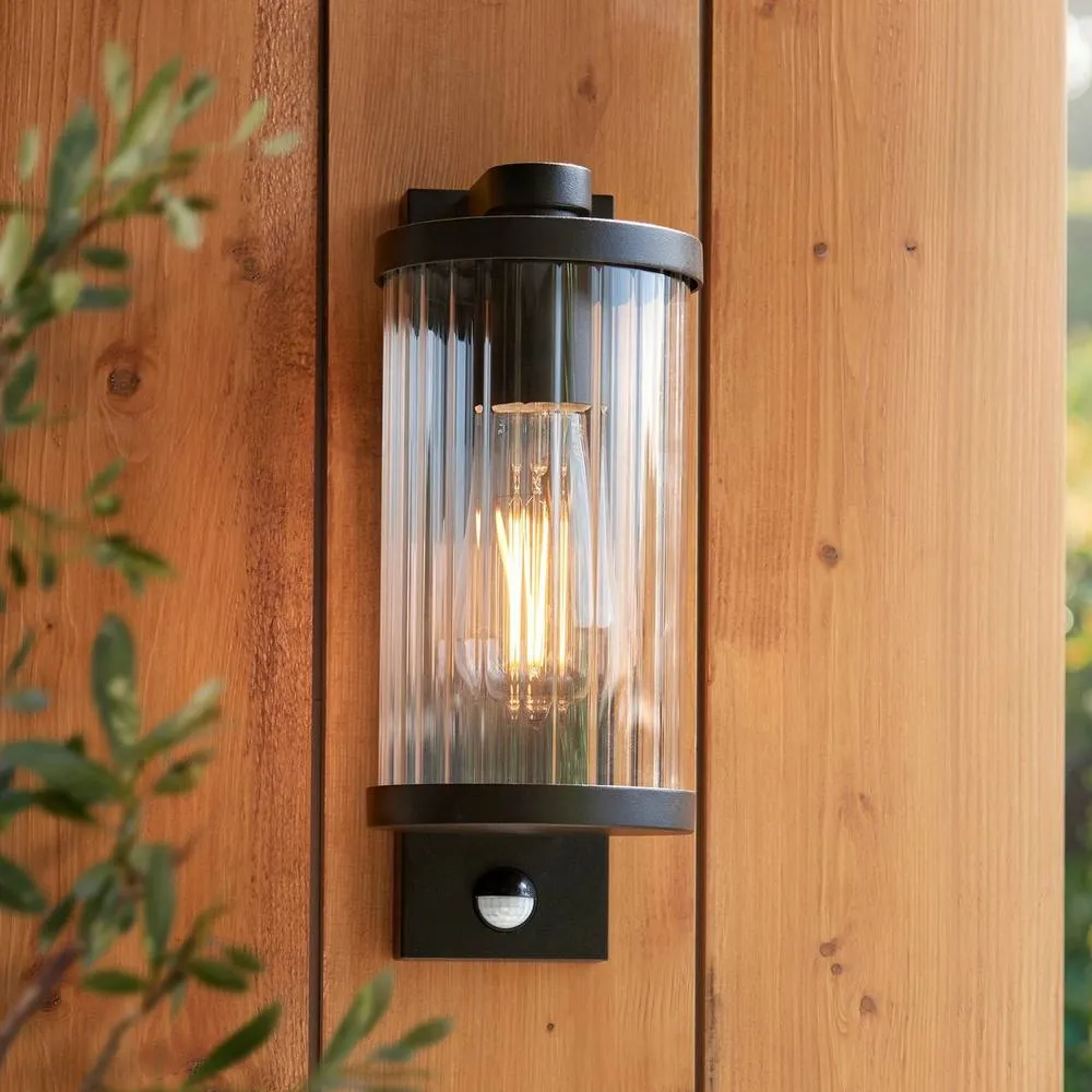 Netlighting Newcombe Outdoor Modern Wall Lamp Matt Black & Clear Ribbed Glass E27 5
