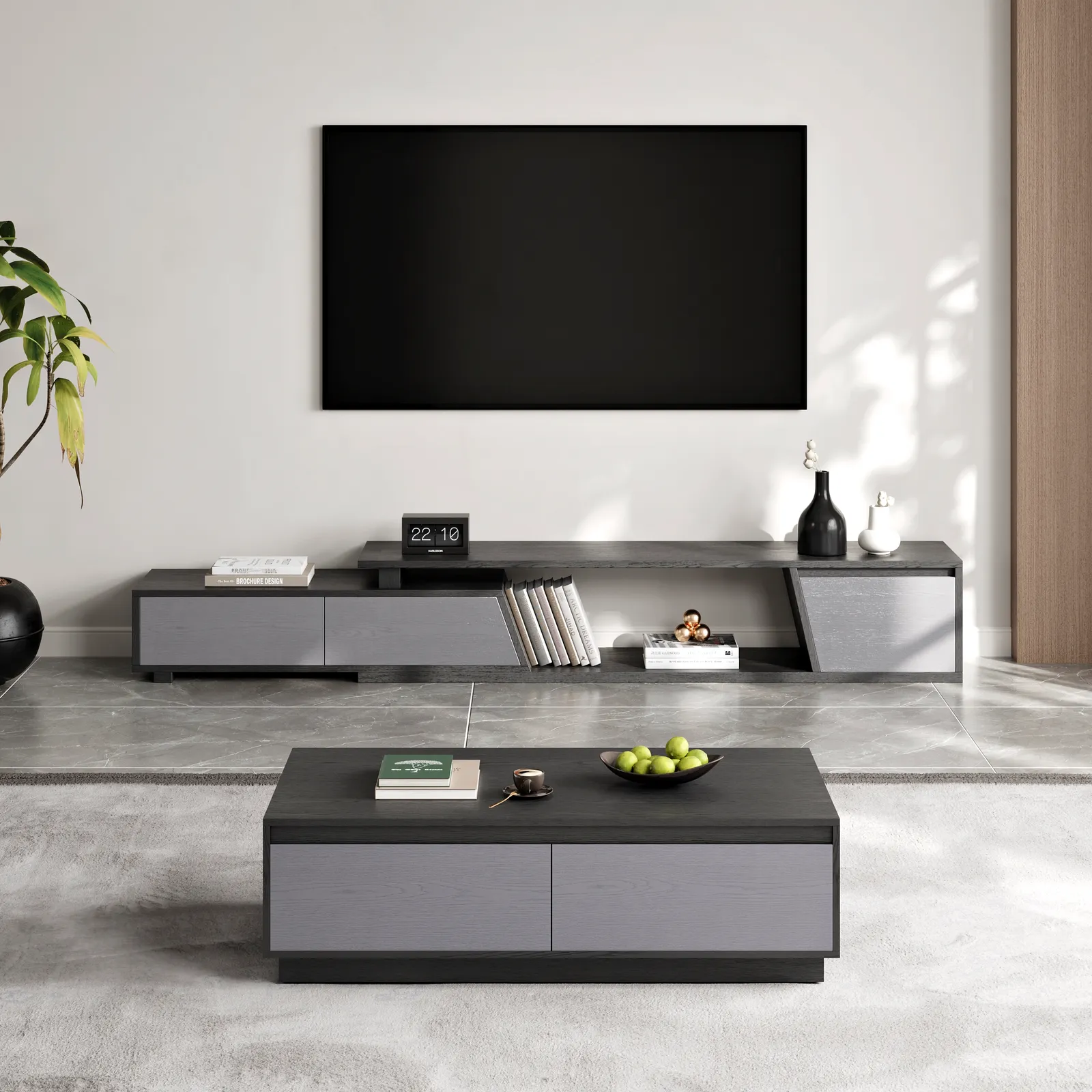 Fero Mid-Century Extendable TV Stand & Block Coffee Table Set