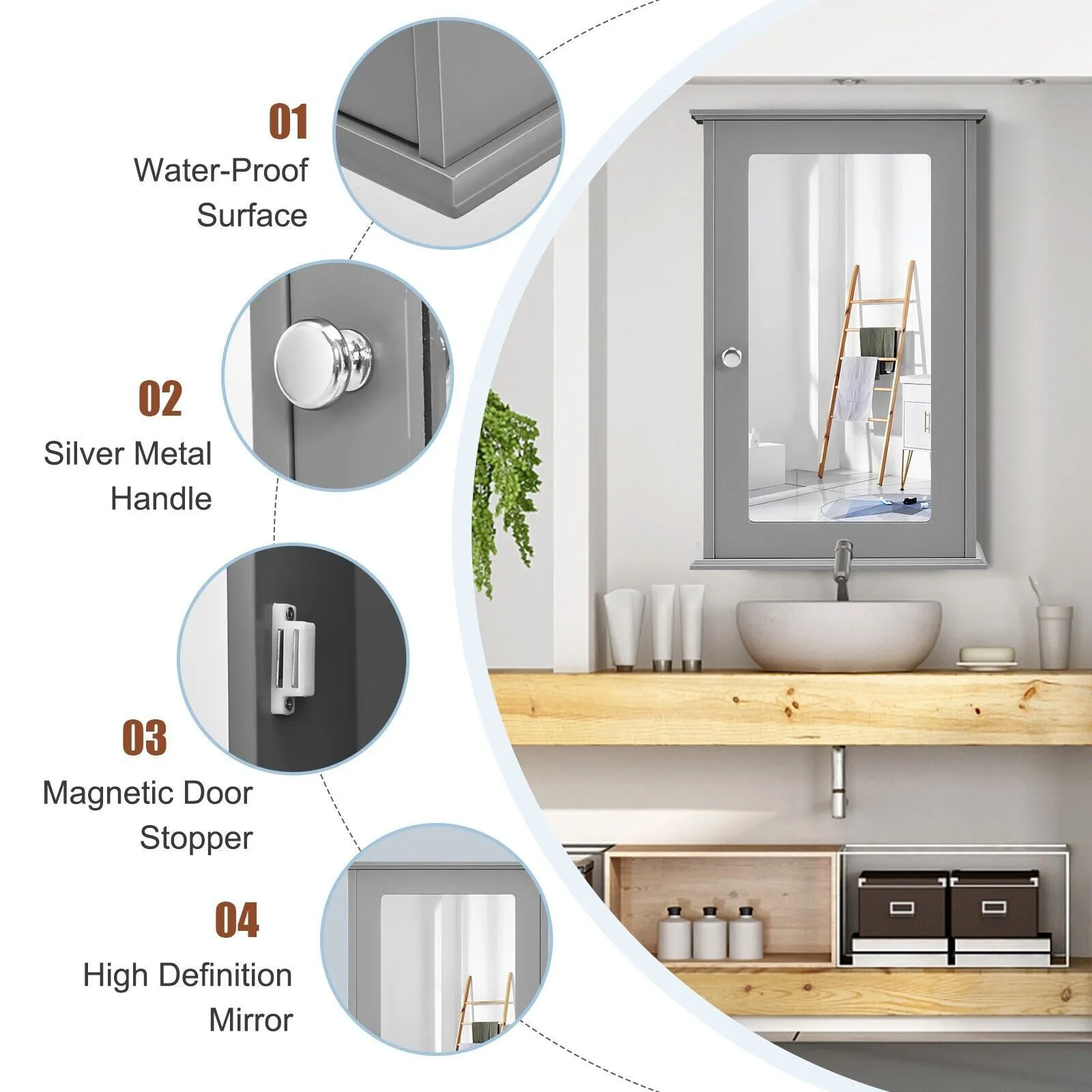 Costway Bathroom Mirror Cabinet Wall Mounted Storage Cupboard Mirrored Medicine Cabinet in Grey 6