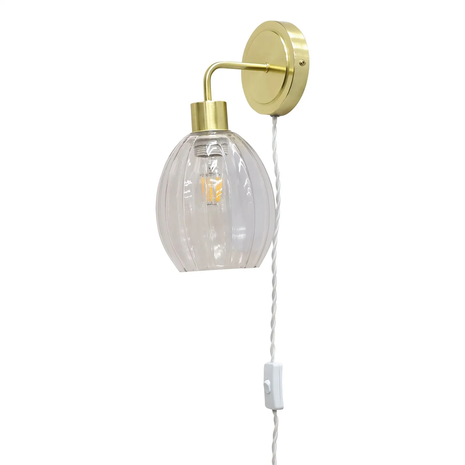 First Choice Lighting Set of 2 Toby - Satin Brass Plug in Wall Lights Fluted Shades in Gold 2